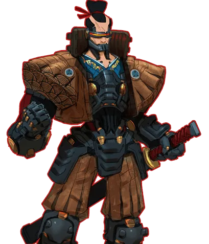 Samurai character with mix of futuristic and traditional armor, his hair in a but and a visor on his eyes