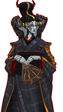 Gheisha dressed in traditional black robe with gold outlines, holding a fan with tubes coming out of her hair