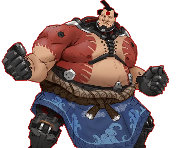 Sumo wresler with red tattoos, blue skirt with wave patterns and cybernetic enchancements on his neck, hands and legs