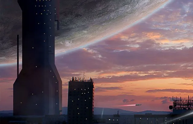 Spaceport with tall building in the bacgkgorund and a big planet in the twilight sky