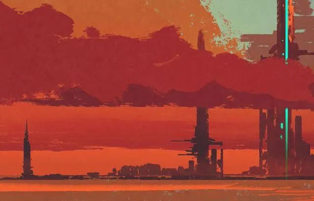 A twilight scene of a desert with a city and tall towering building in the background