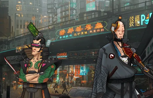 Two yakuza characters haning out downtown in front of a busy street with neon lights