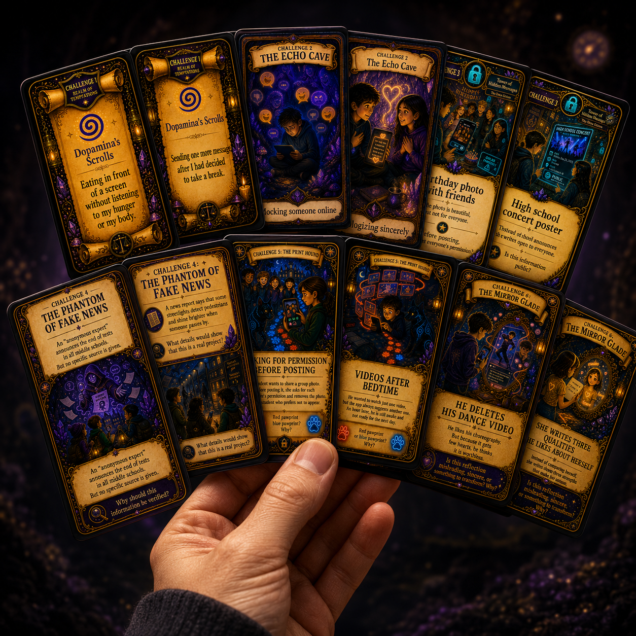 Six sets of challenge game cards