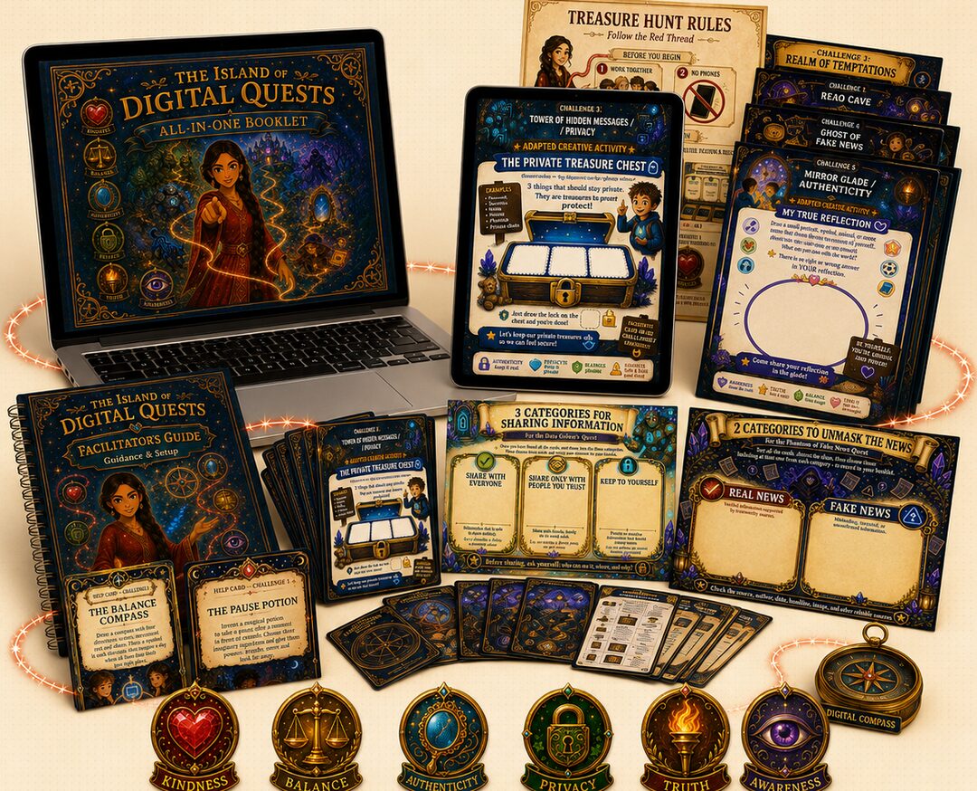 Complete Digital Pedagogical Kit — storybook, facilitator guides, challenge cards, posters and Digital Compass