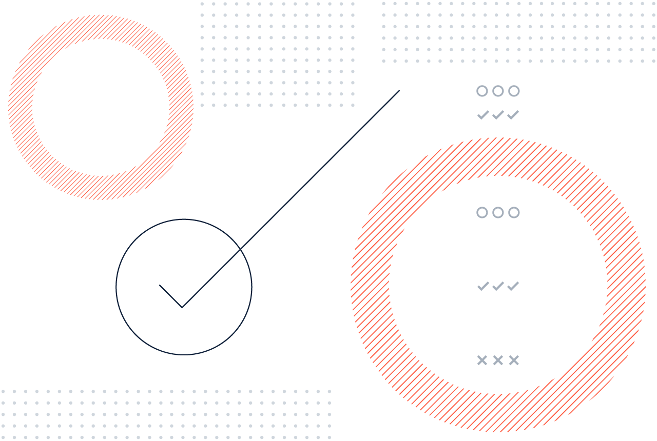 Abstract design of two red diagonal-striped circles, dotted grids, and a circle with a checkmark.