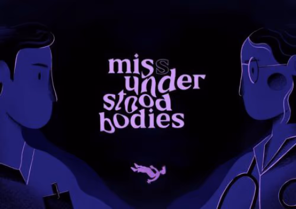 Bild von 2 Cartoon-Frauen, die sich gegenüberstehen, mit dem Videotitel "mis(s)understood bodies" in der Mitte.