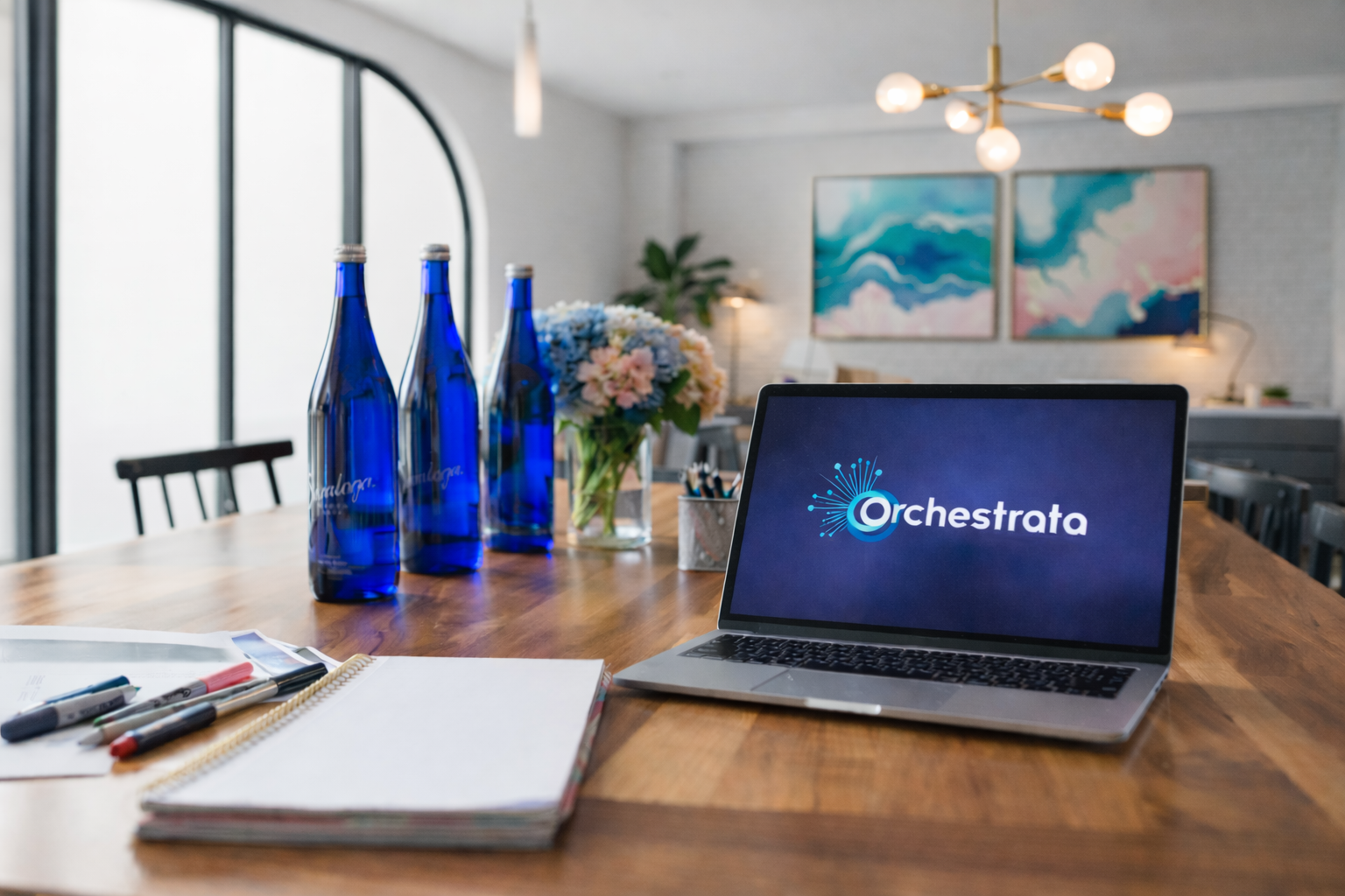 conference table in office with laptop and notebook 