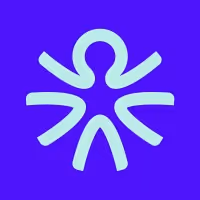 Abstract light blue symbol resembling a star or person on a purple background.