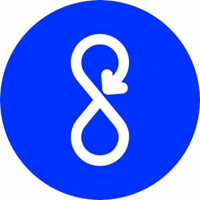 White infinity loop symbol with an arrow on a blue circular background.
