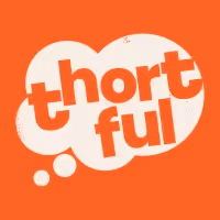White speech bubble containing the word 'thortful' in orange lowercase letters on an orange background.