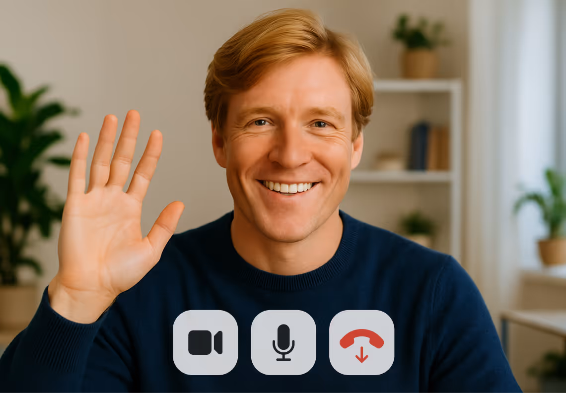 Smiling man with blond hair waving during a video call with video, microphone, and hang-up icons at the bottom.