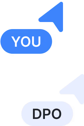 Two computer cursor icons pointing towards each other, with blue label reading 'YOU' and light gray label reading 'DPO'.