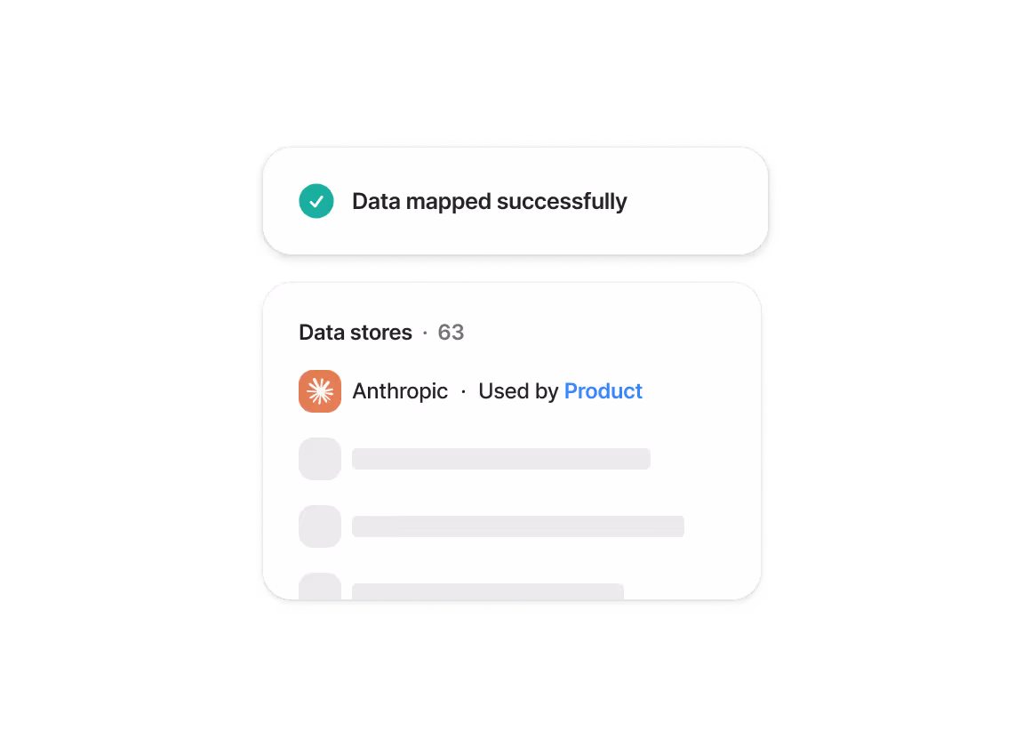 Confirmation message indicating data mapped successfully and a section showing Data stores with 63 entries, highlighting Anthropic used by Product.