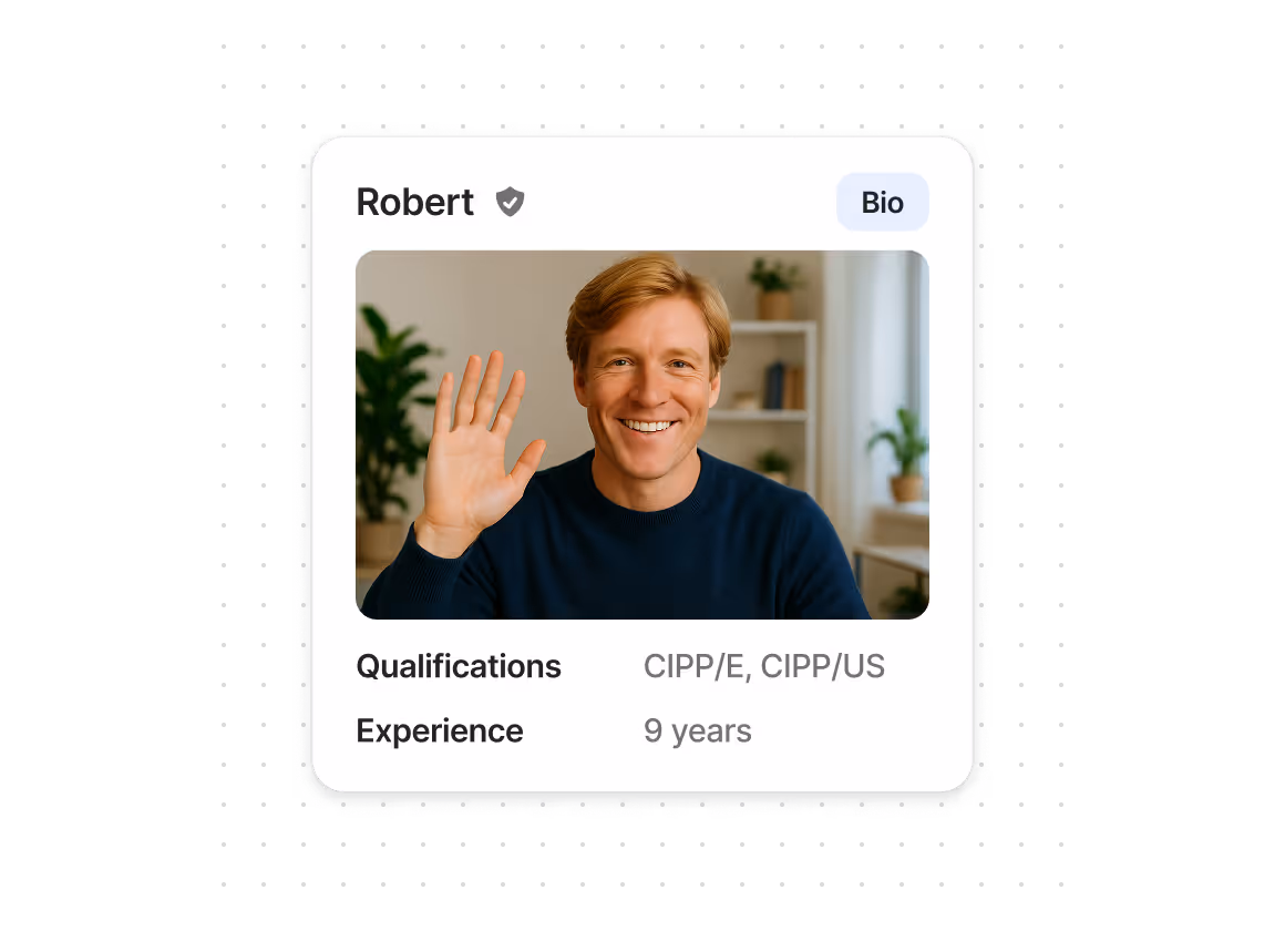 Profile card of Robert showing a man with light brown hair waving, qualifications CIPP/E and CIPP/US, and 9 years of experience.