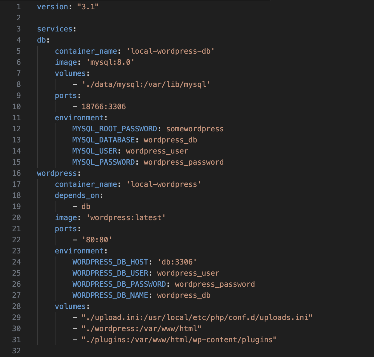 version: "3.1"‍services: db:    container_name: 'local-wordpress-db'    image: 'mysql:8.0'    volumes:      - './data/mysql:/var/lib/mysql'    ports:      - 18766:3306    environment:      MYSQL_ROOT_PASSWORD: somewordpress      MYSQL_DATABASE: wordpress_db      MYSQL_USER: wordpress_user      MYSQL_PASSWORD: wordpress_password wordpress:    container_name: 'local-wordpress'    depends_on:      - db    image: 'wordpress:latest'    ports:      - '80:80'    environment:      WORDPRESS_DB_HOST: 'db:3306'      WORDPRESS_DB_USER: wordpress_user      WORDPRESS_DB_PASSWORD: wordpress_password      WORDPRESS_DB_NAME: wordpress_db    volumes:      - "./upload.ini:/usr/local/etc/php/conf.d/uploads.ini"      - "./wordpress:/var/www/html"      - "./plugins:/var/www/html/wp-content/plugins"