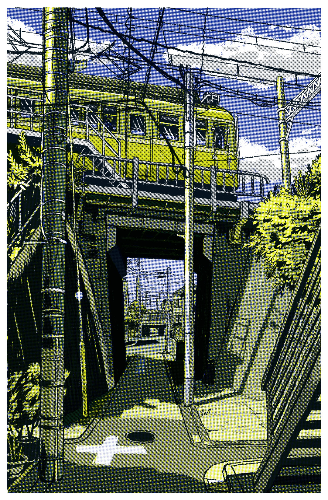 Illustration of a yellow train crossing over a concrete overpass with electrical wires overhead and a small road passing underneath on a sunny day.