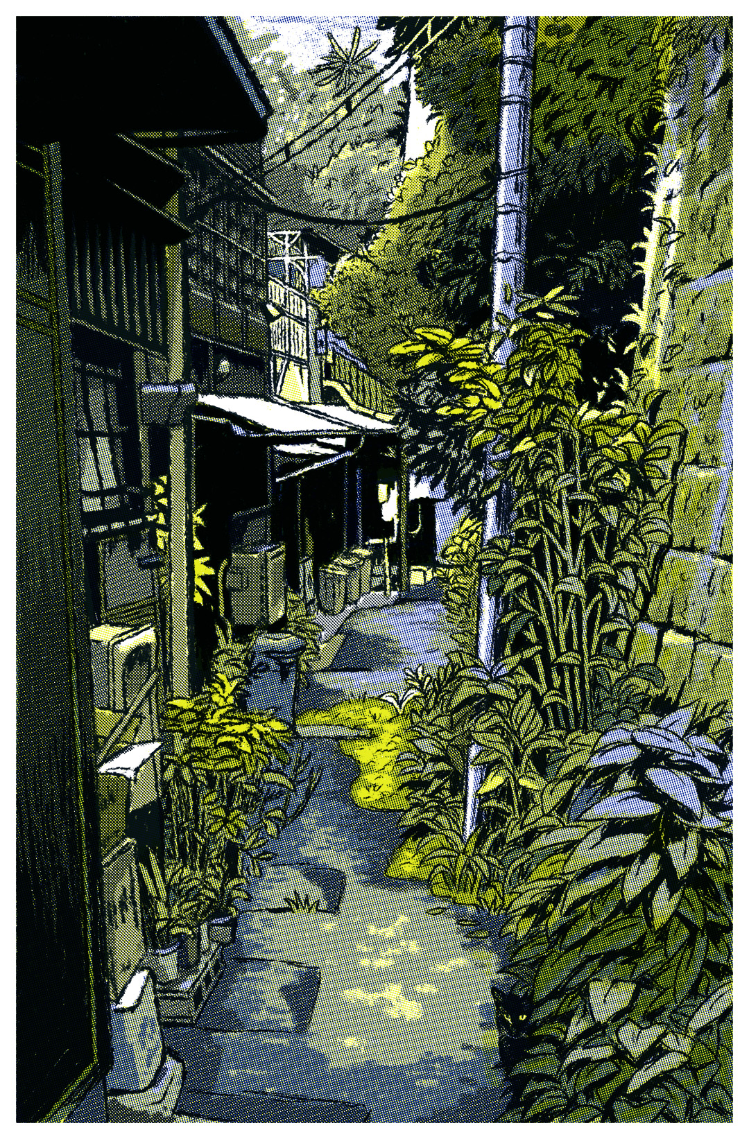 Illustrated narrow alley with green plants on both sides and a black cat partially hidden in the foliage on the right.