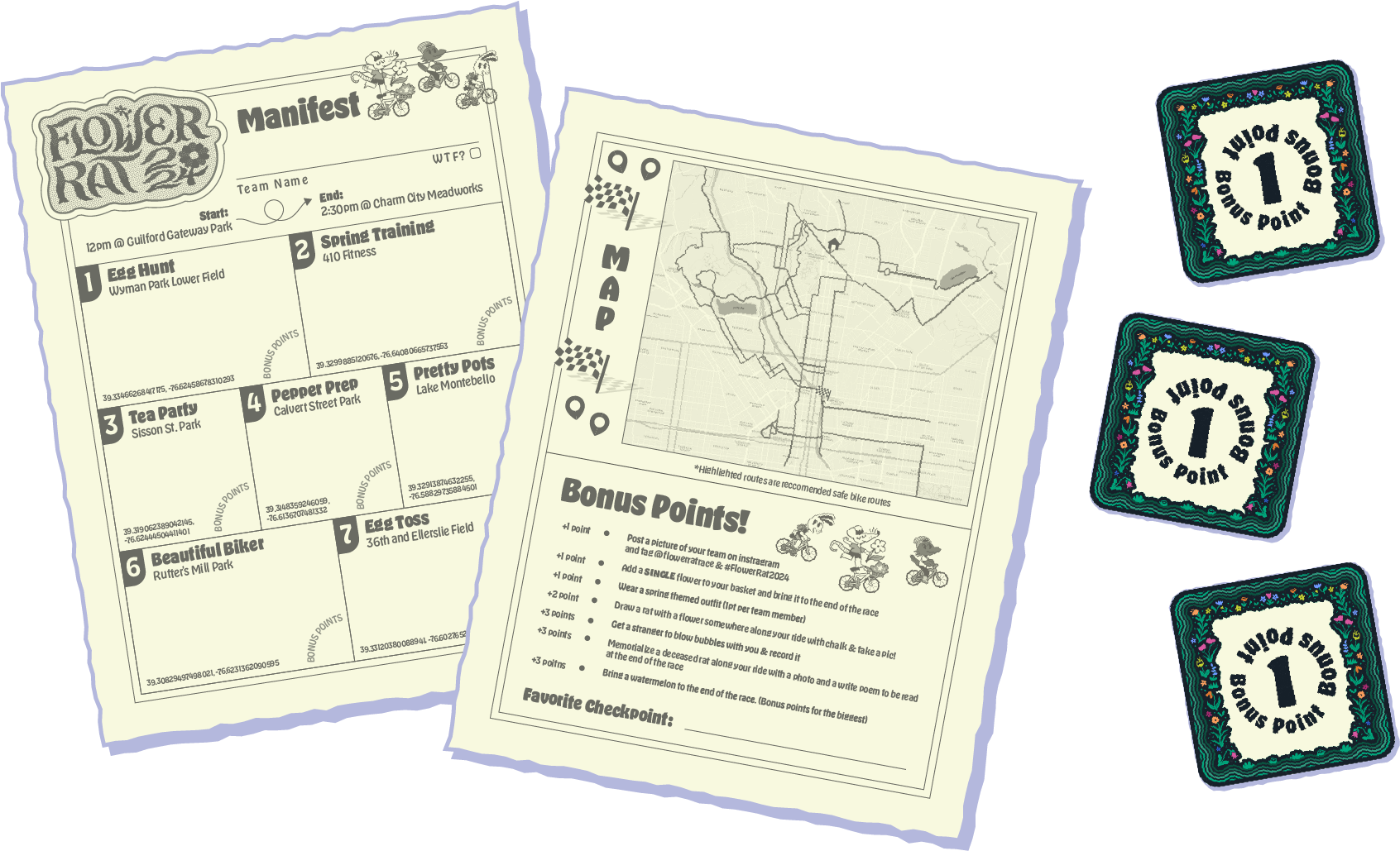 Flower Rat Manifest showing a race checklist with seven stops, a map of the bike route, and a list of bonus points tasks beside three bonus point tokens.