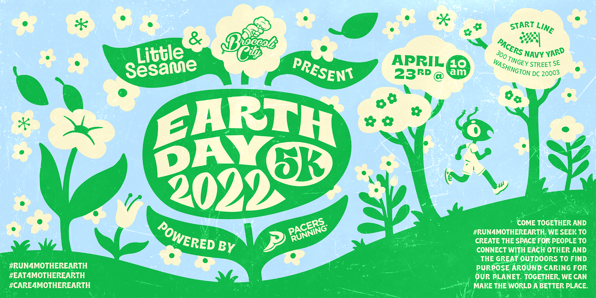 Illustrated poster for Earth Day 2022 5K run on April 23rd at 10am, showing a green running ant character in a flower garden with event details and hashtags.