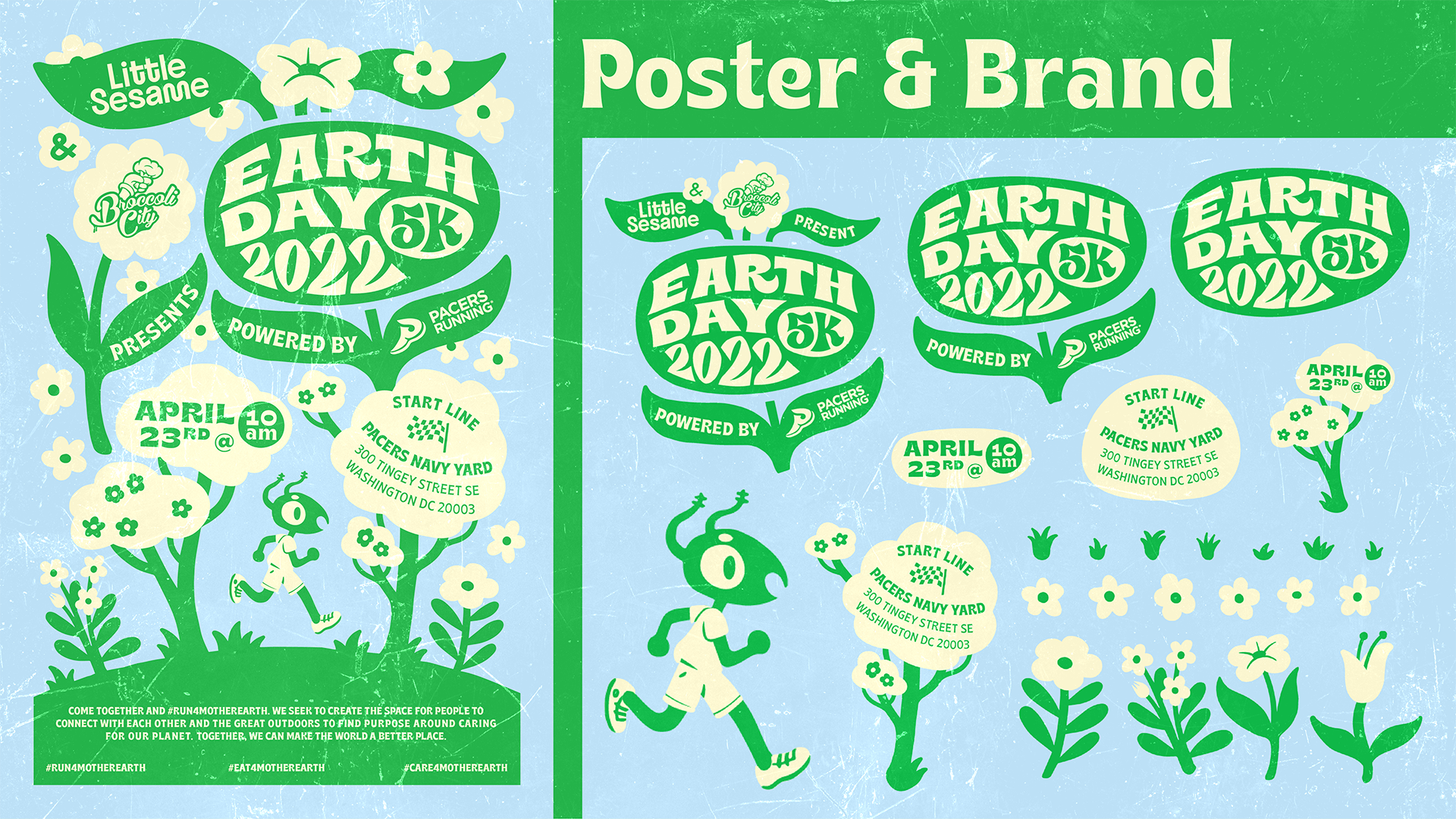 Illustrated event poster and branding for Earth Day 5K 2022 featuring a green running ant mascot, floral designs, and event details for April 23rd at 10 am at Pacers Navy Yard, Washington DC.