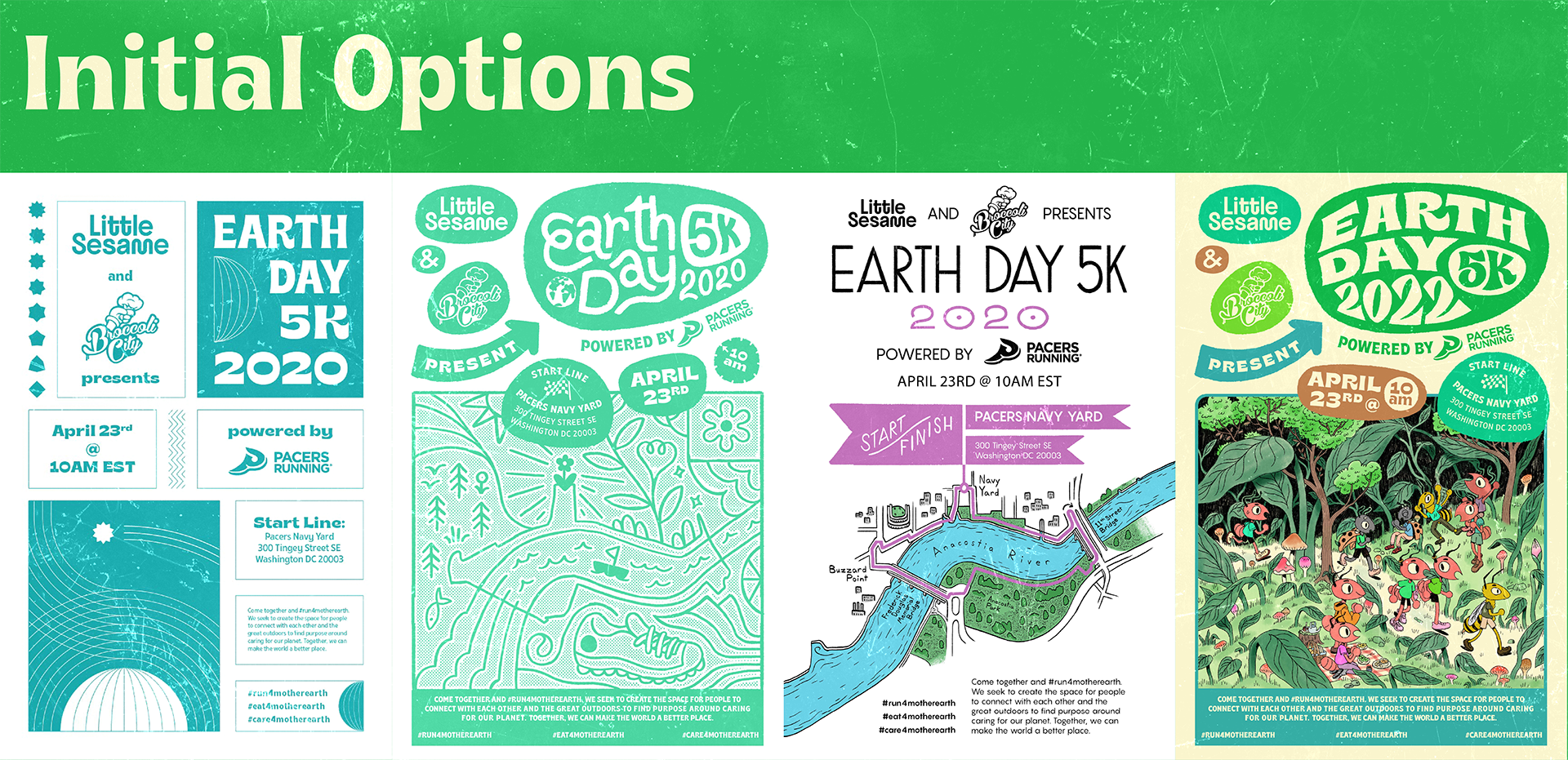 Four colorful posters for Little Sesame and Broccoli City Earth Day 5K events from 2020 to 2022, featuring event details, a map, and whimsical illustrations of ants running.