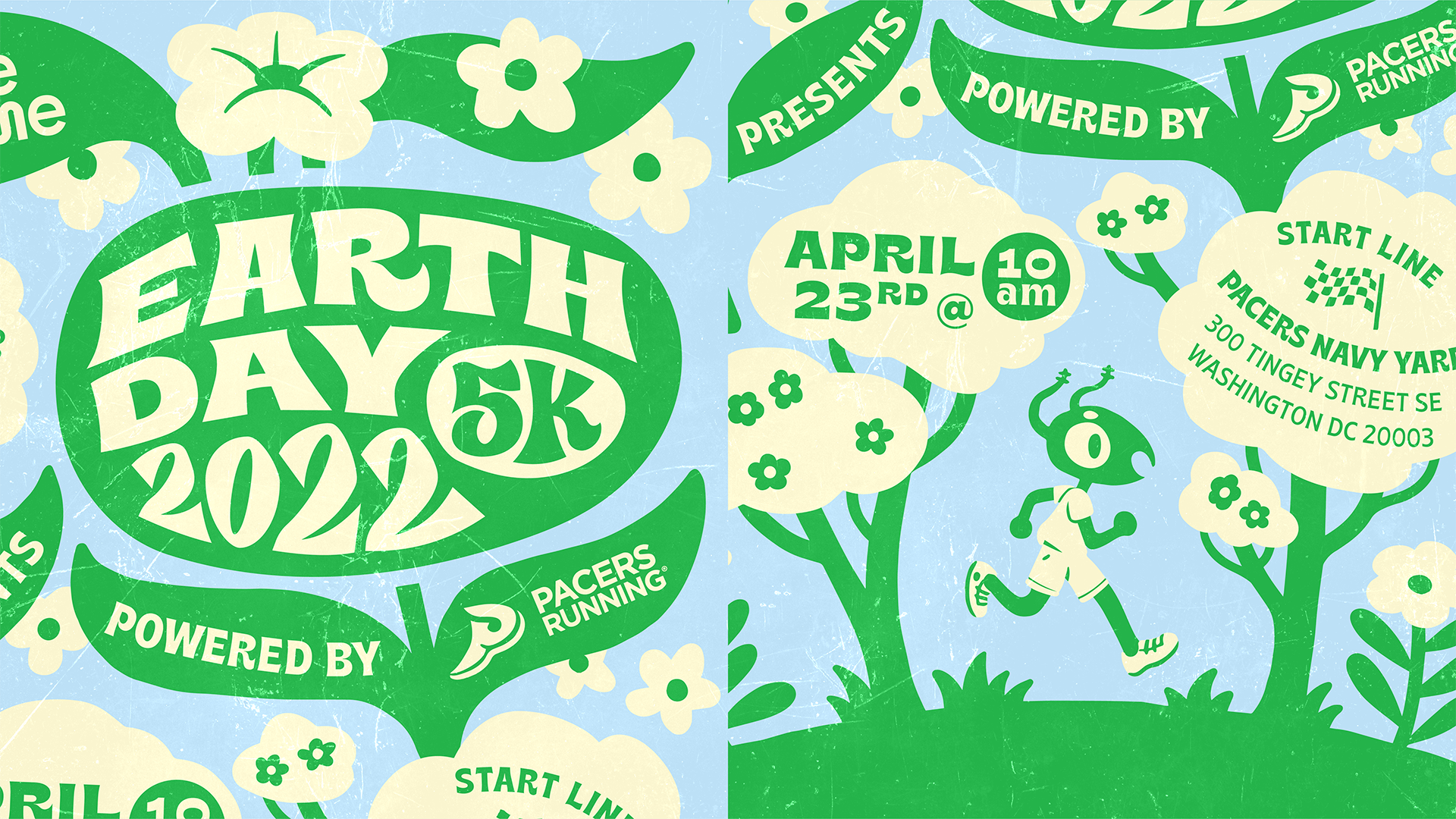 Illustrated poster with green and cream text and graphics on a blue background featuring 'Earth Day 2022 5K', event date April 23rd at 10 am, and start line information at Pacers Navy Yard, Washington DC, with a green cartoon ant runner and flowers.