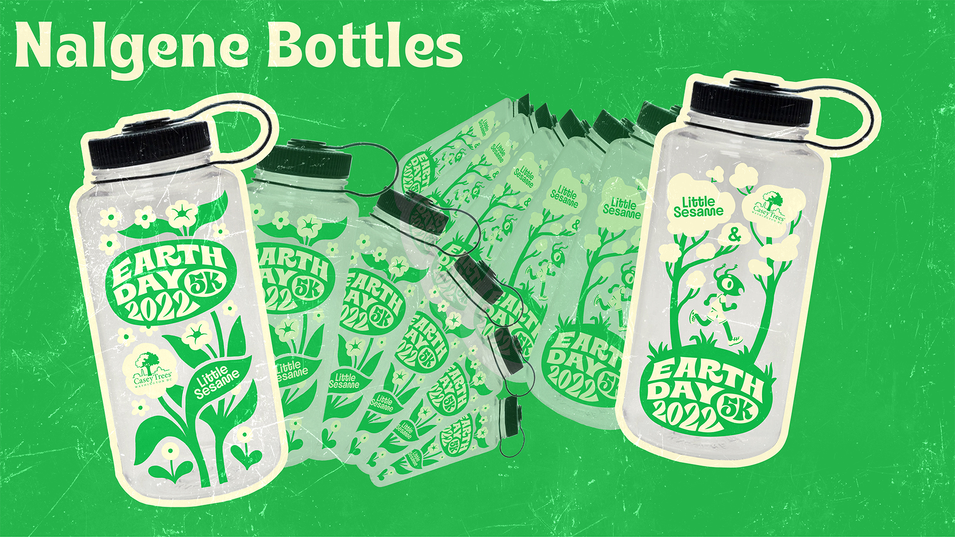 Two Nalgene bottles with Earth Day 2022 5K and Little Sesame logos on a green background.