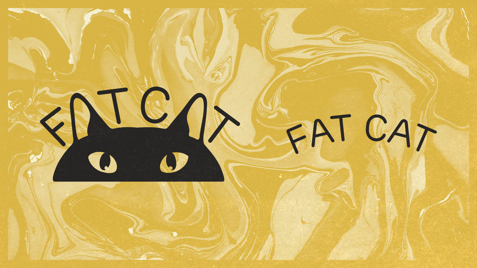 Black cat head with yellow eyes and ears integrated into the words 'FAT CAT' on a textured yellow and beige marbled background.