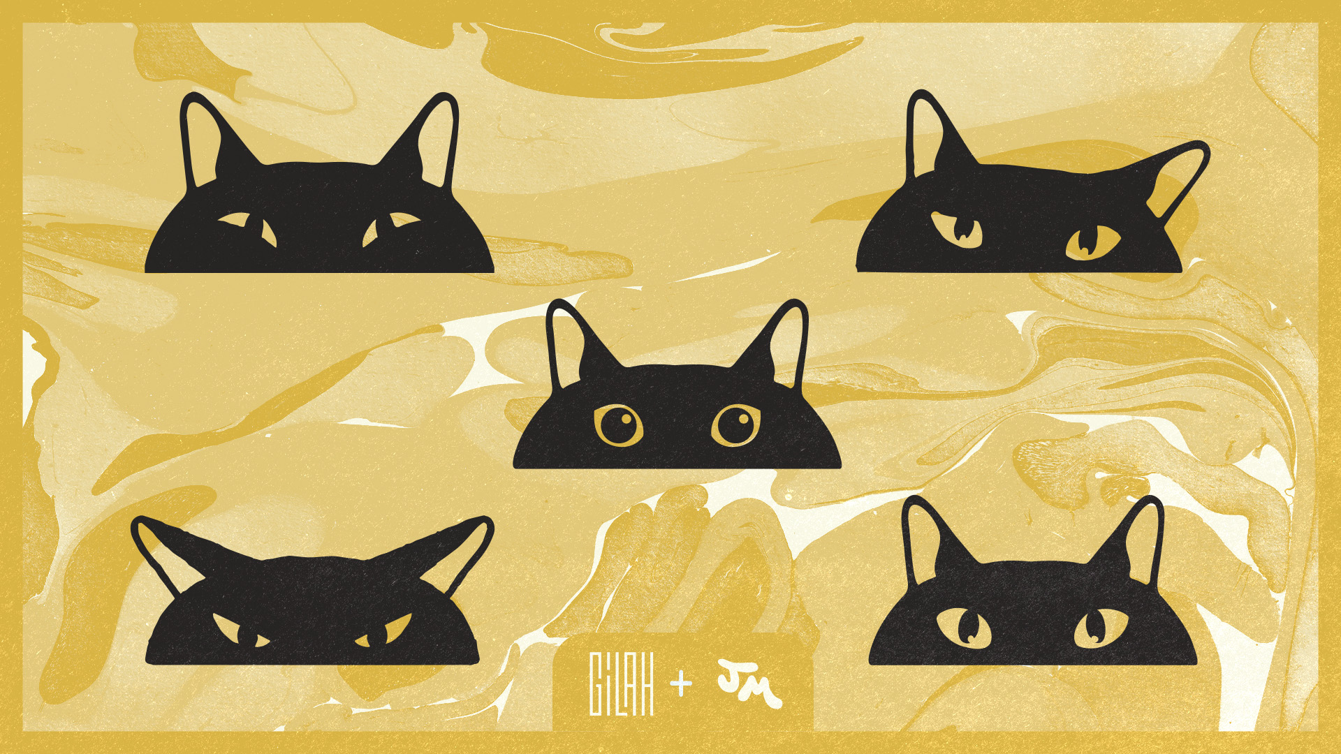 Five stylized black cat heads with different yellow eye shapes on a swirling beige and mustard yellow background.