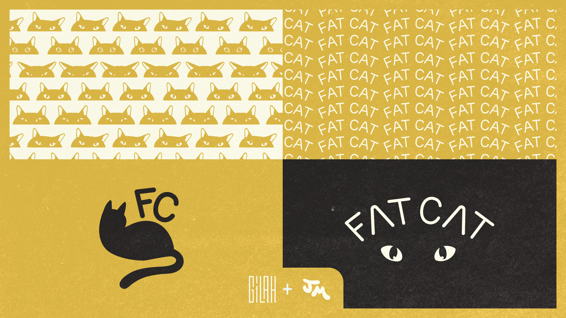 Graphic divided into four sections with stylized cat faces, repeated 'FAT CAT' text, a black cat silhouette with 'FC' above it, and stylized eyes with 'FAT CAT' text above on black background.