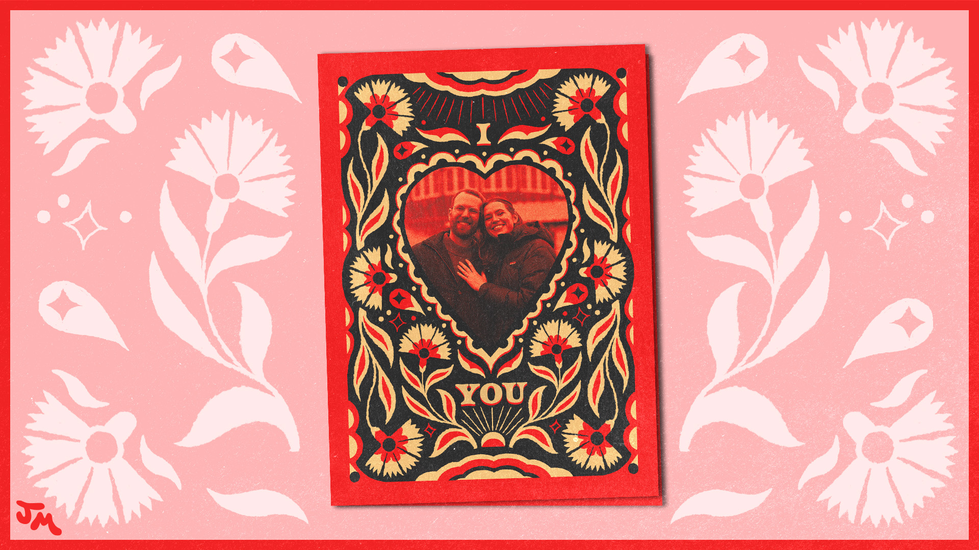 Valentine's Day card with floral border and a photo of a smiling couple inside a heart, with text reading 'I Love You'.
