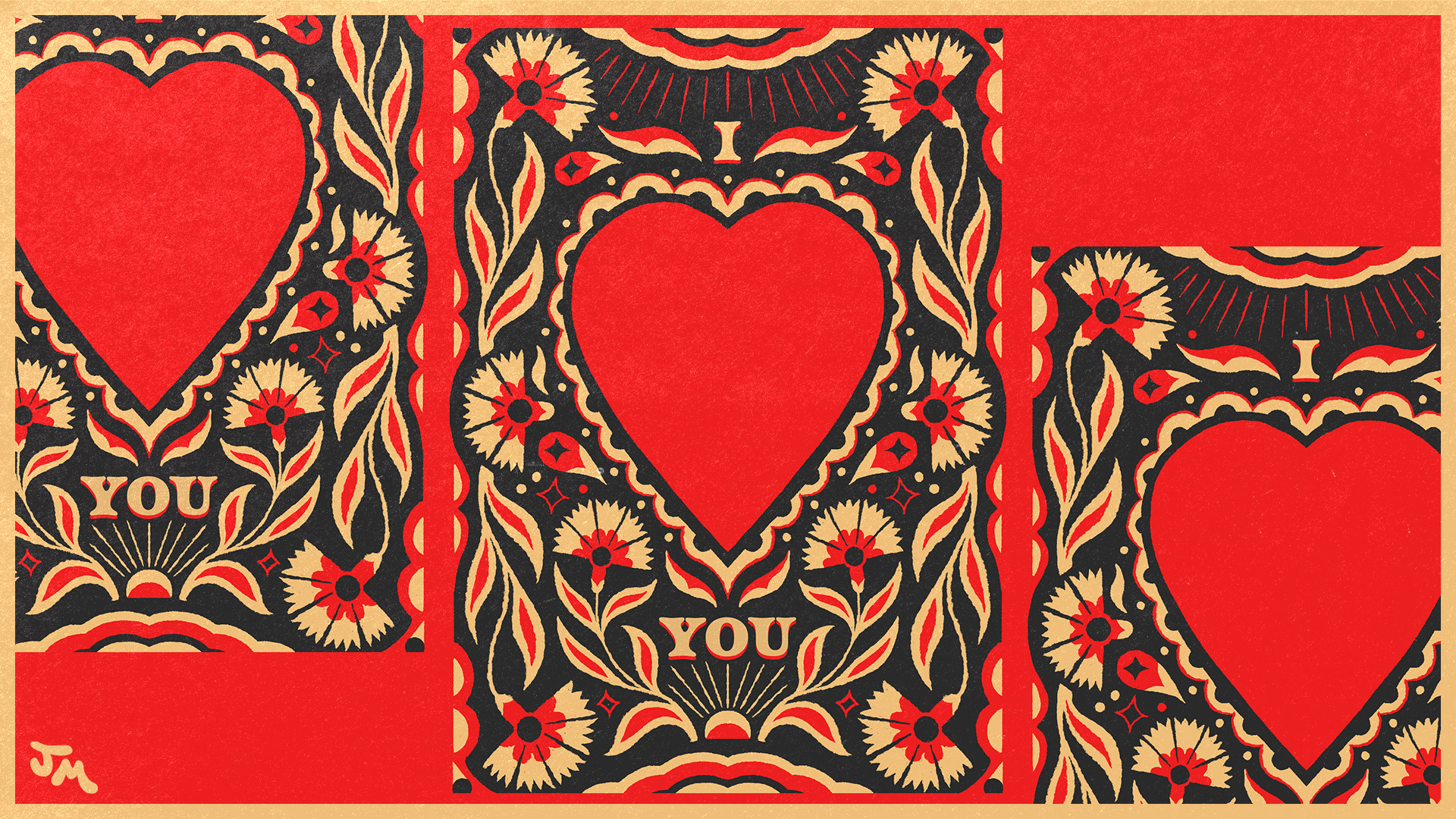 Red heart with floral and leaf patterns surrounded by the words ‘I’ at the top and ‘YOU’ at the bottom on a decorative black and gold background.