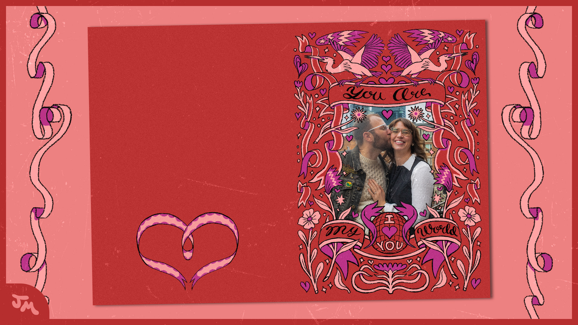 Romantic Valentine’s Day card with a photo of a smiling couple, decorated with pink and purple floral and heart designs and text reading 'You are my world'.