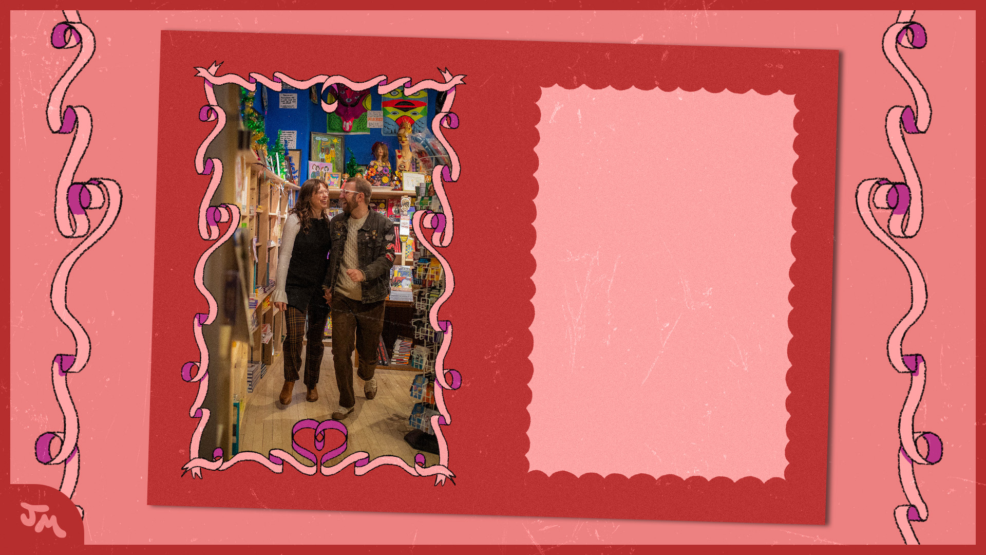 Couple walking hand-in-hand inside a bookstore with colorful decorations, framed by a pink and red border with ribbon-like designs.