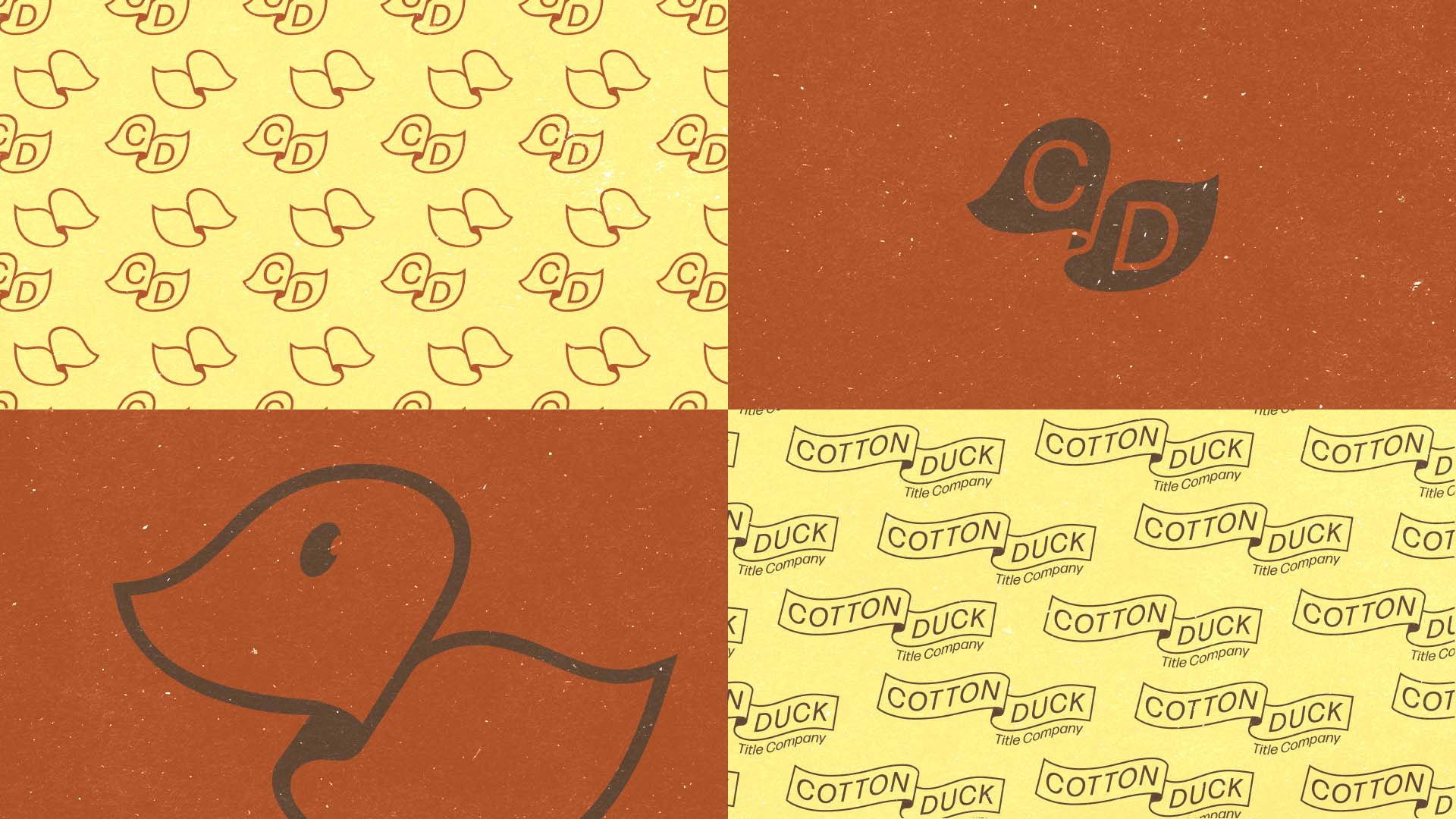 Collage of four square panels with logos and patterns in yellow and brown colors featuring stylized letters 'C D', a duck outline, and the text 'Cotton Duck Title Company'.