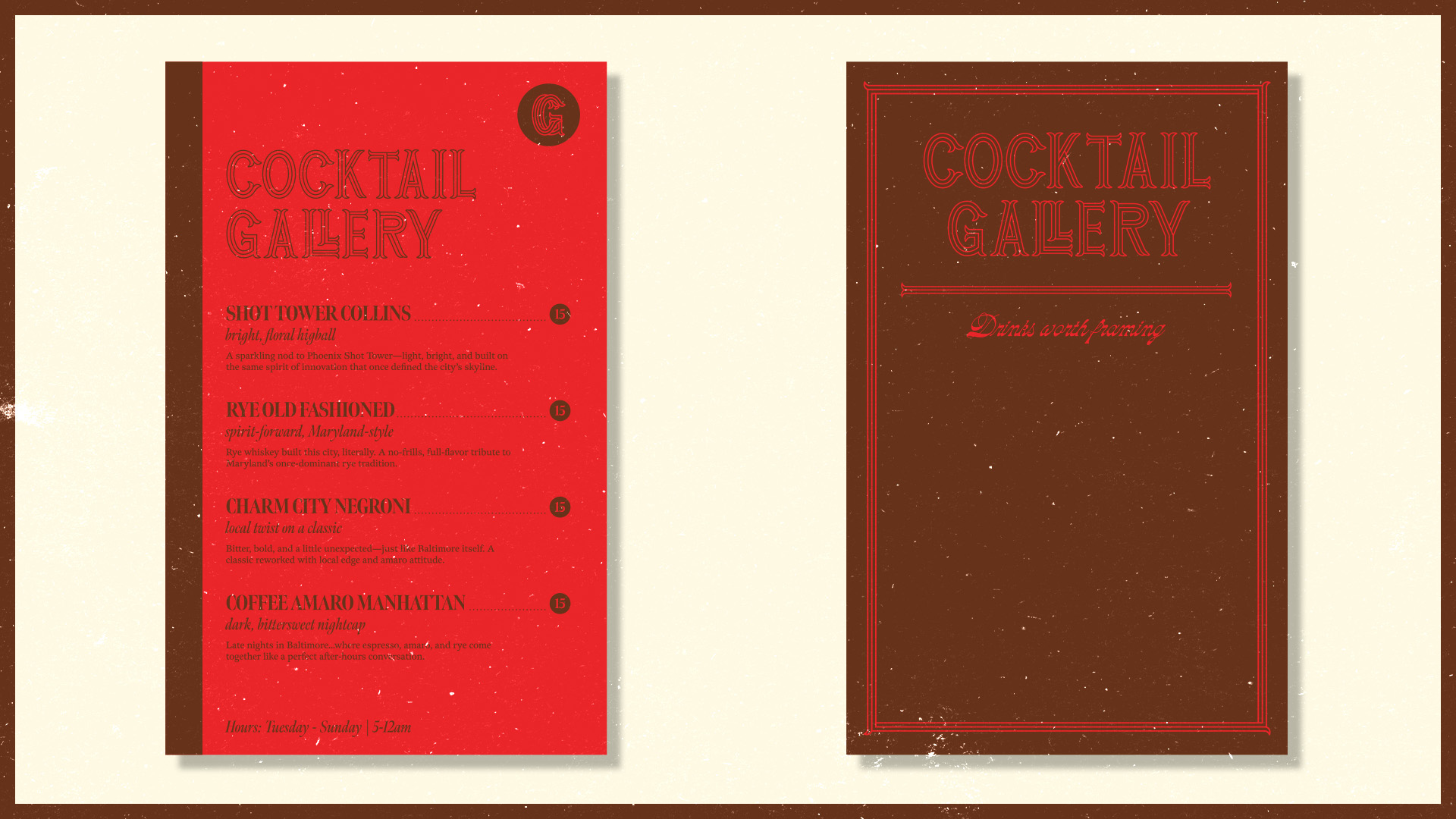 Cocktail Gallery menu with drink names and descriptions on a red background on the left and a brown cover page with slogan 'Drinks worth framing' on the right.