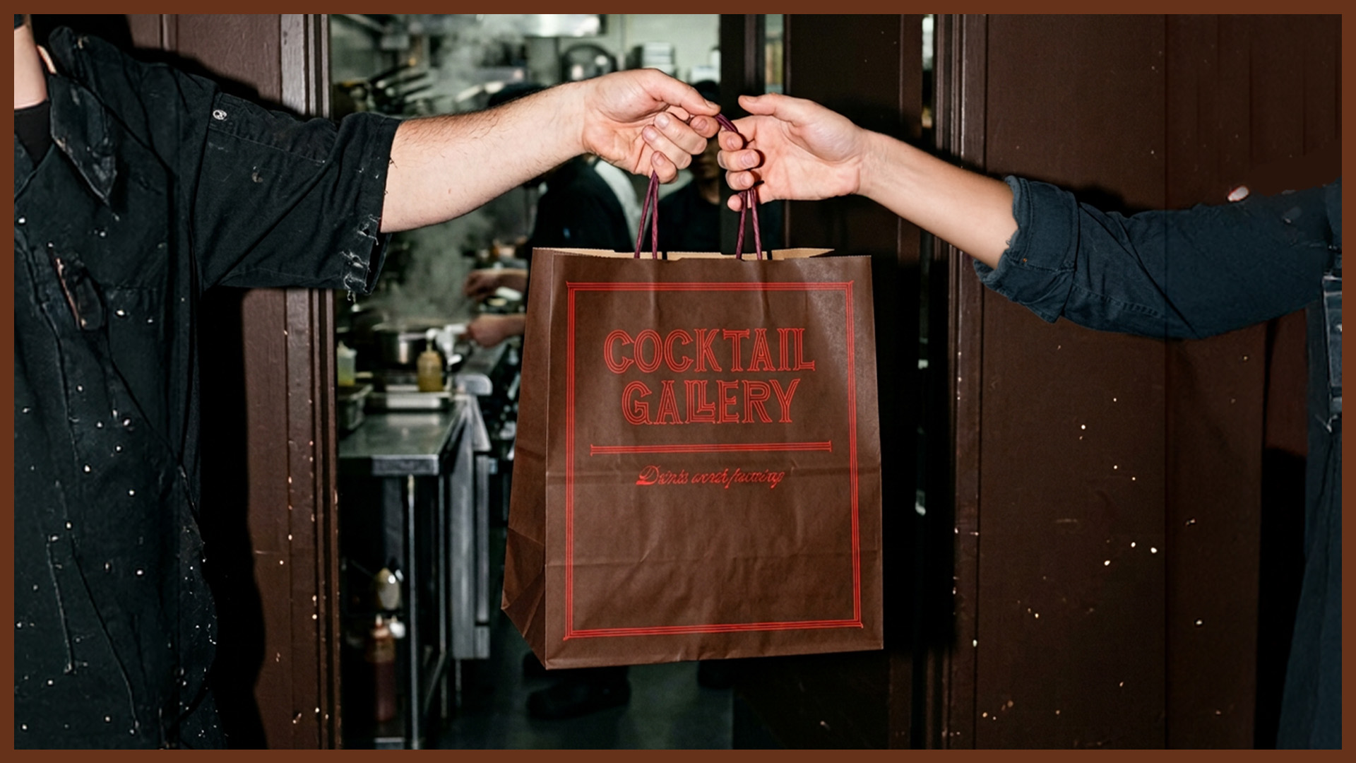Two people exchanging a brown paper bag with 'Cocktail Gallery' printed in red, with a kitchen visible in the background.