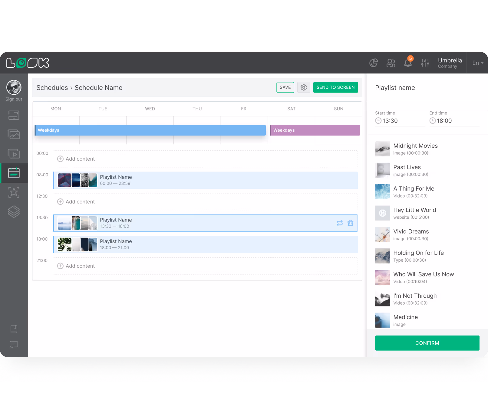 Digital schedule interface displaying daily playlists with times and content thumbnails, alongside a playlist content list and confirm button.