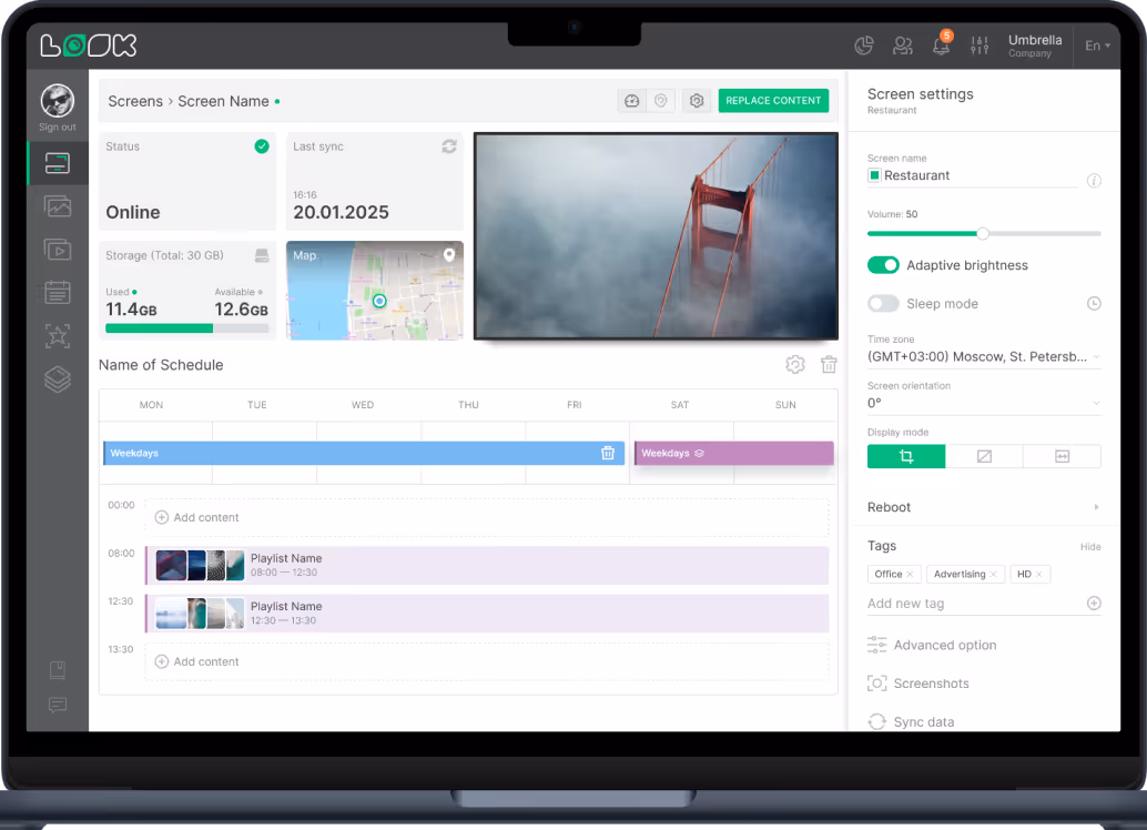 Laptop screen showing a content scheduling interface with status online, storage usage, map, video preview, schedule timeline for playlists, and screen settings for volume, brightness, timezone, and tags.