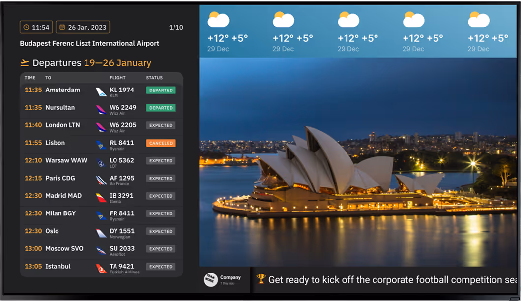 Airport departure board at Budapest Ferenc Liszt International Airport showing flights to various cities with times and statuses, next to an image of the Sydney Opera House at night and weather forecast of 12 plus degrees.