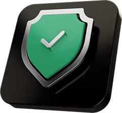Green shield icon with a white check mark on a black rounded square background representing security or verification.