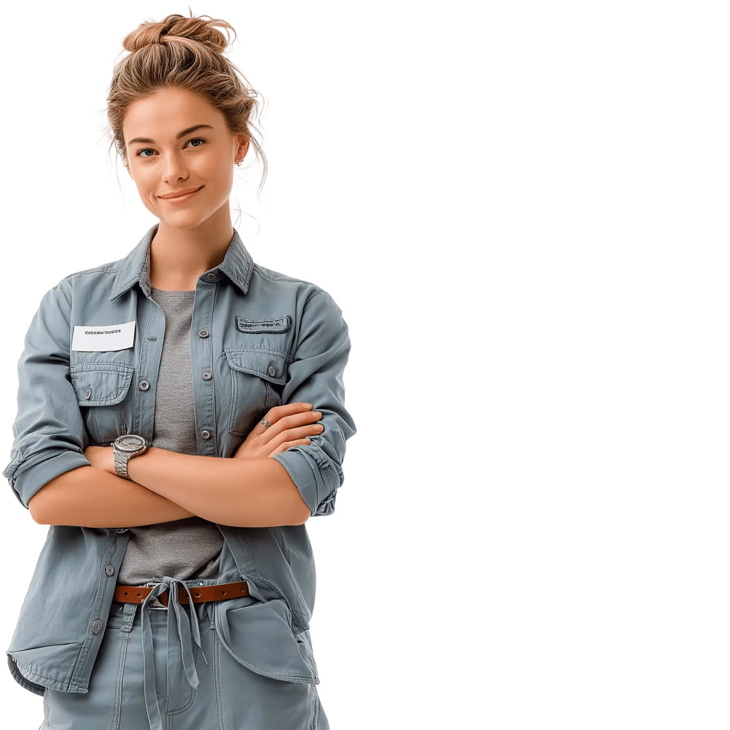 Smiling young woman with blonde hair in a bun, wearing a green utility shirt and pants with arms crossed.