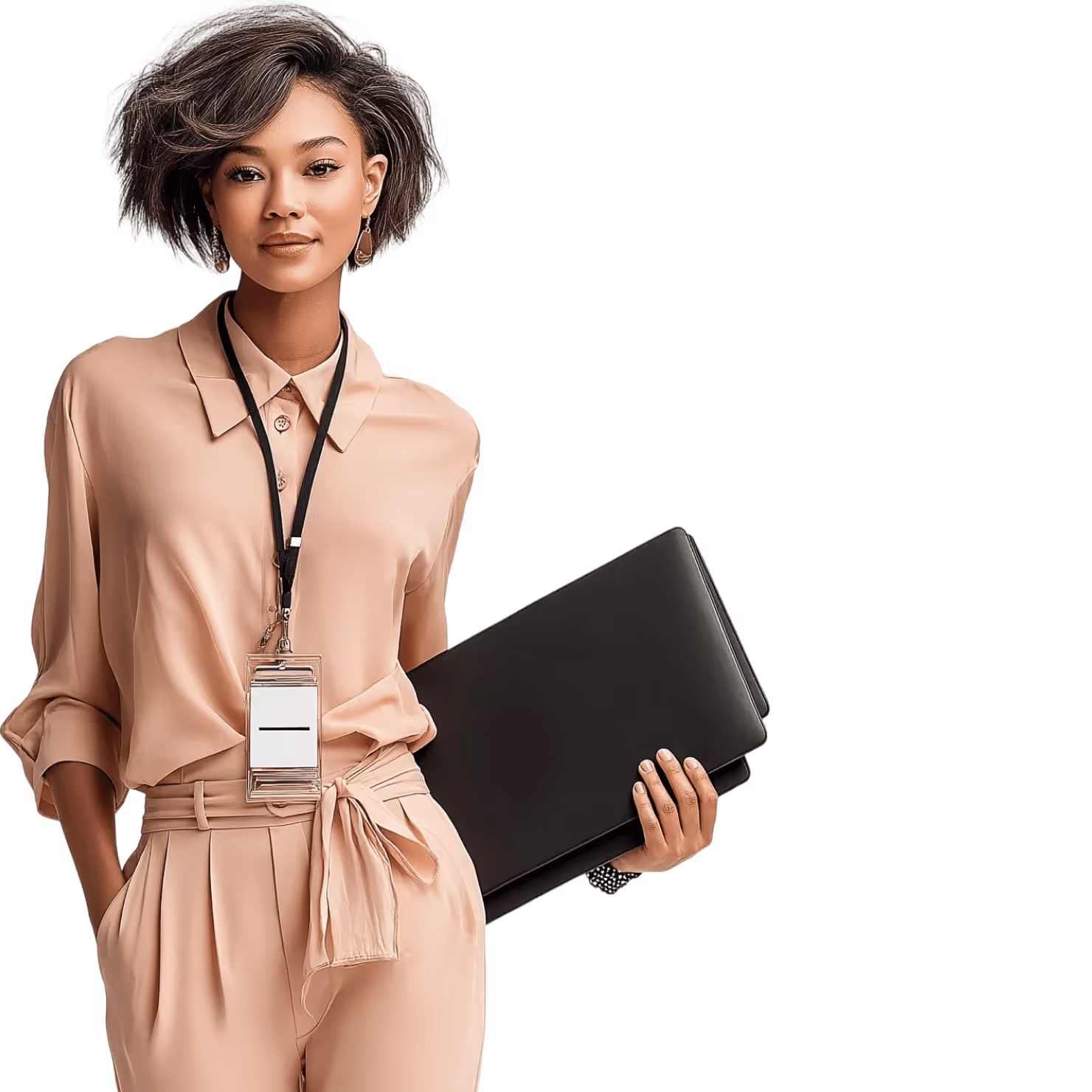 Confident woman in beige outfit holding black folders and wearing an ID badge on a lanyard.
