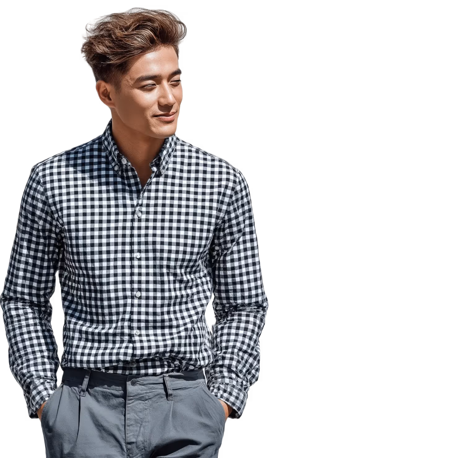 Young man with styled brown hair wearing a black and white checkered shirt and gray pants, looking to the side with hands in pockets.