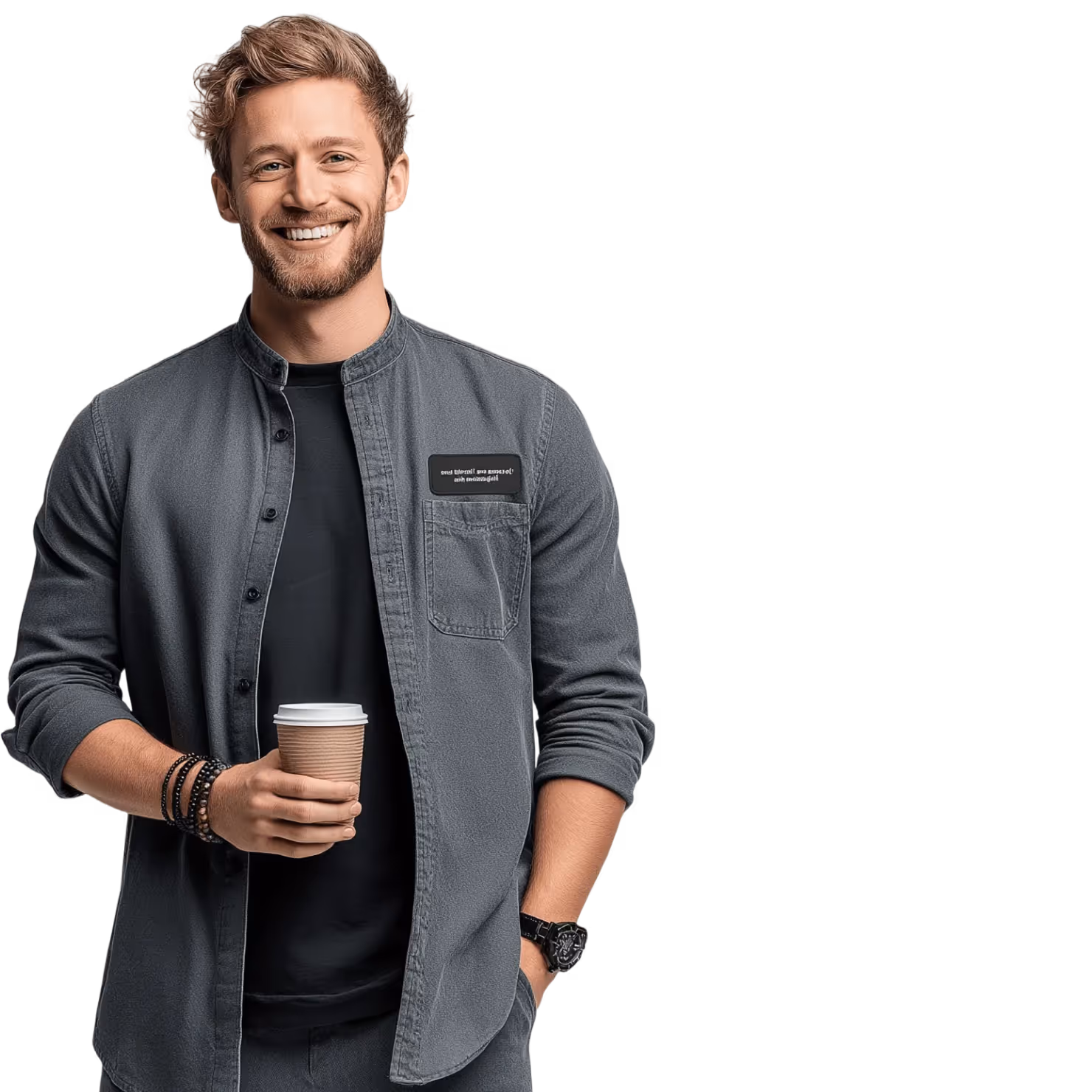 Smiling man with light brown hair and beard holding a coffee cup, wearing a gray shirt over a black t-shirt with bracelets and a watch.