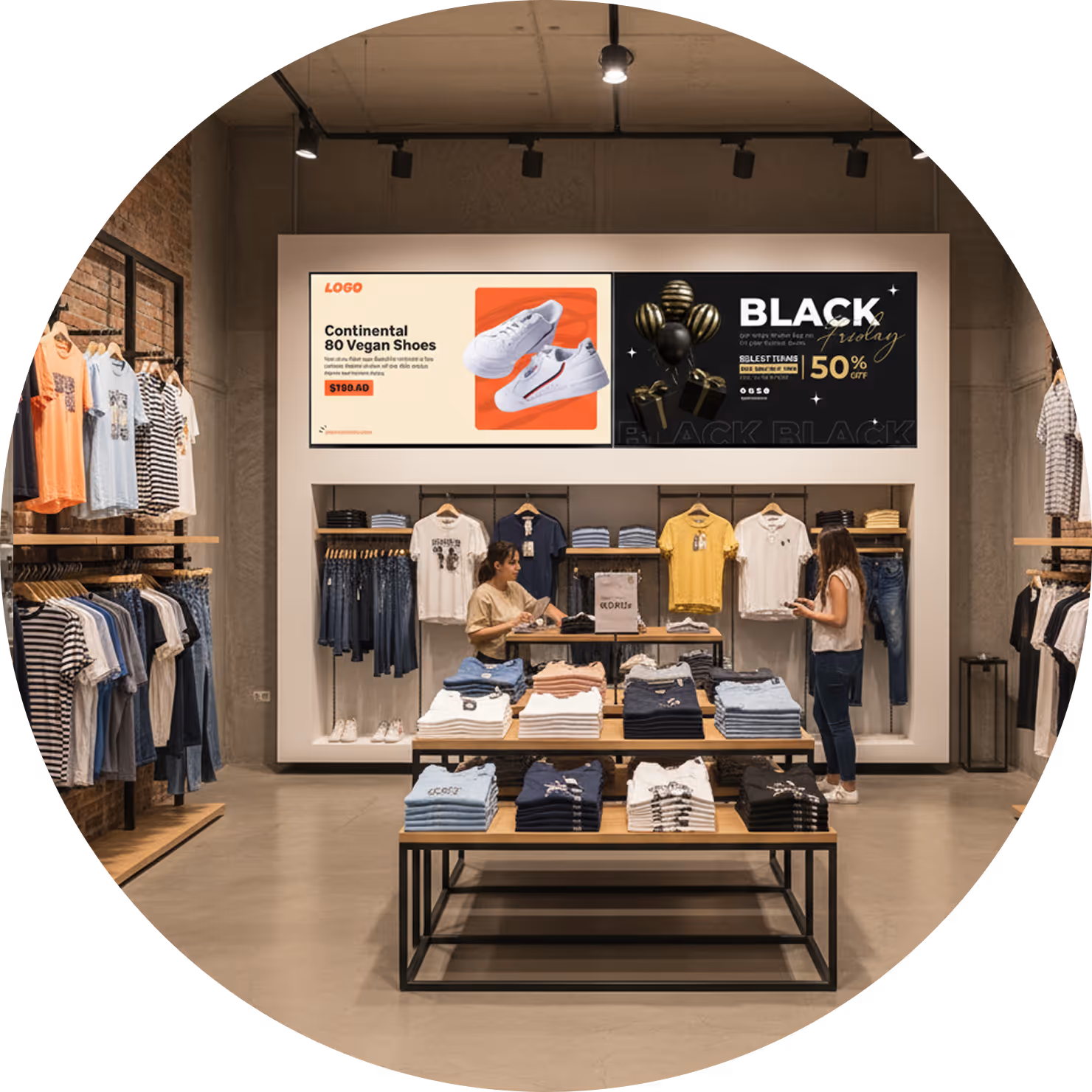 Clothing store interior with neatly arranged folded shirts and hanging apparel, two women shopping and talking near display shelves.