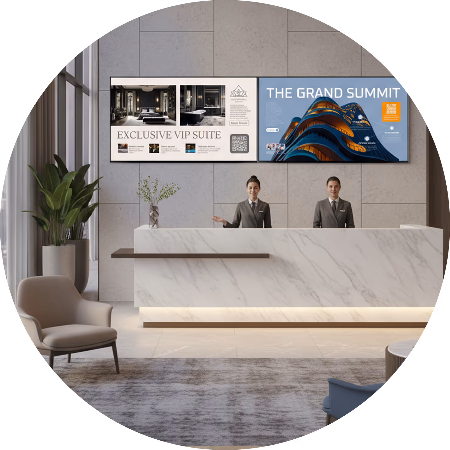 Hotel reception desk with two smiling staff, marble front, digital screens advertising VIP suite and The Grand Summit, and modern lounge seating.
