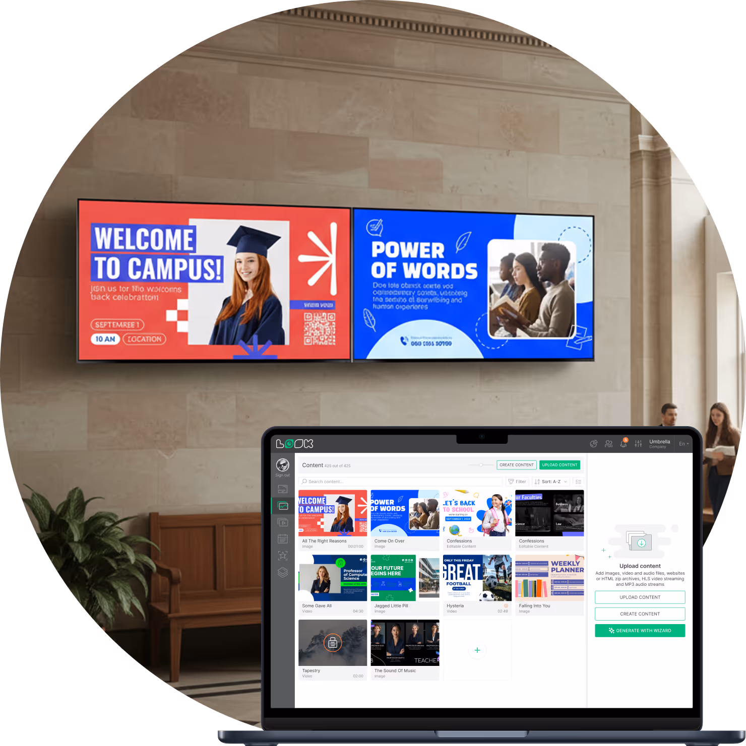 Laptop displaying digital content management software with campus event posters, set against a wall with two digital screens showing campus welcome and literacy messages.