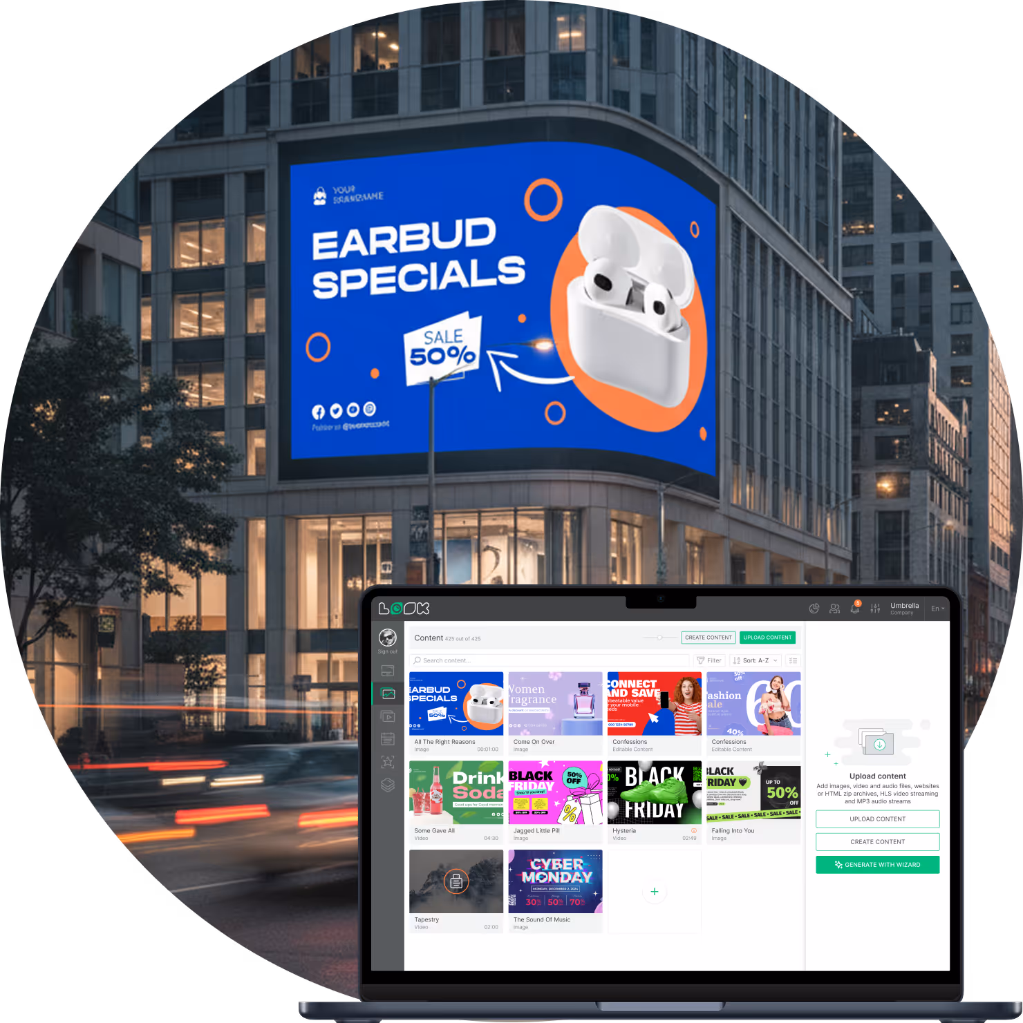 Digital billboard on city building displaying a blue advertisement for earbud specials with 50% sale and a laptop screen showing content management software with various marketing creatives.