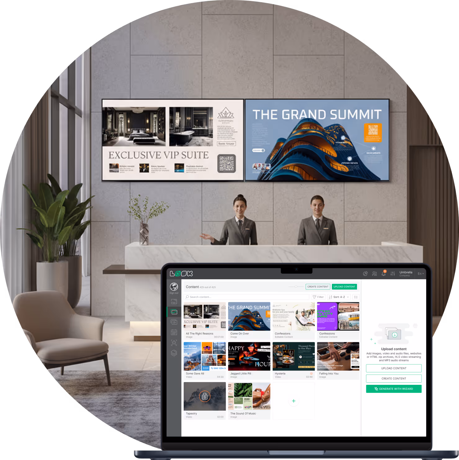 Hotel reception desk with two staff in uniforms under screens displaying promotions for an exclusive VIP suite and The Grand Summit.